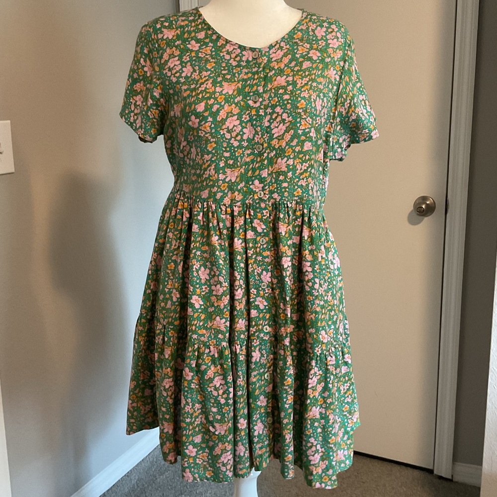 RVCA Green and Pink Tiered Mini Floral Dress